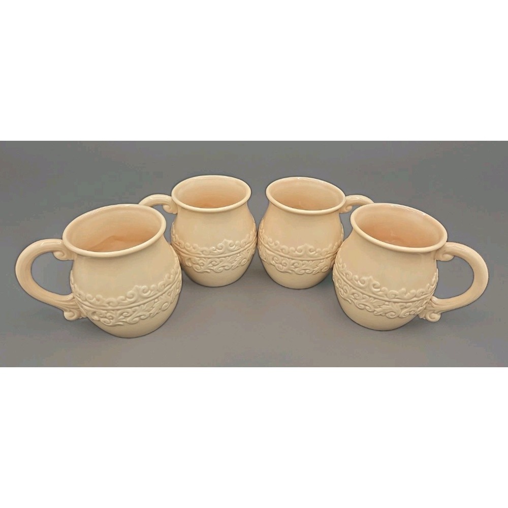 Set of 4 Drake Design Cream Ceramic Mugs FC-3193 Tuscan Scroll Embossed...